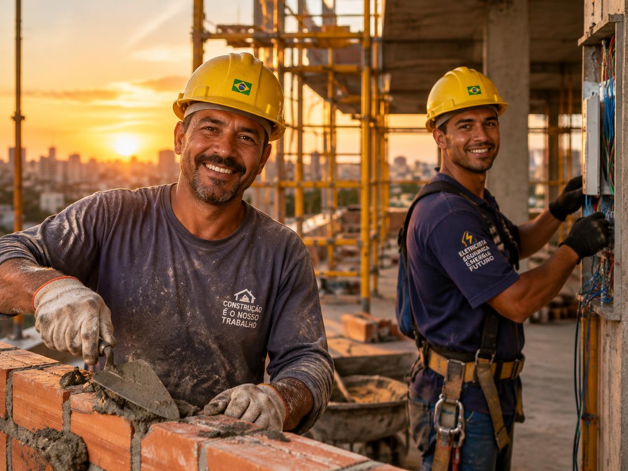 Pedreiro e eletricista sorrindo em uma obra